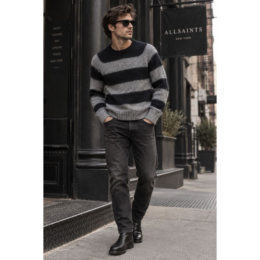 ALLSAINTS Black Gray Stripe Lou Pullover Sweater Top Women's Size Small